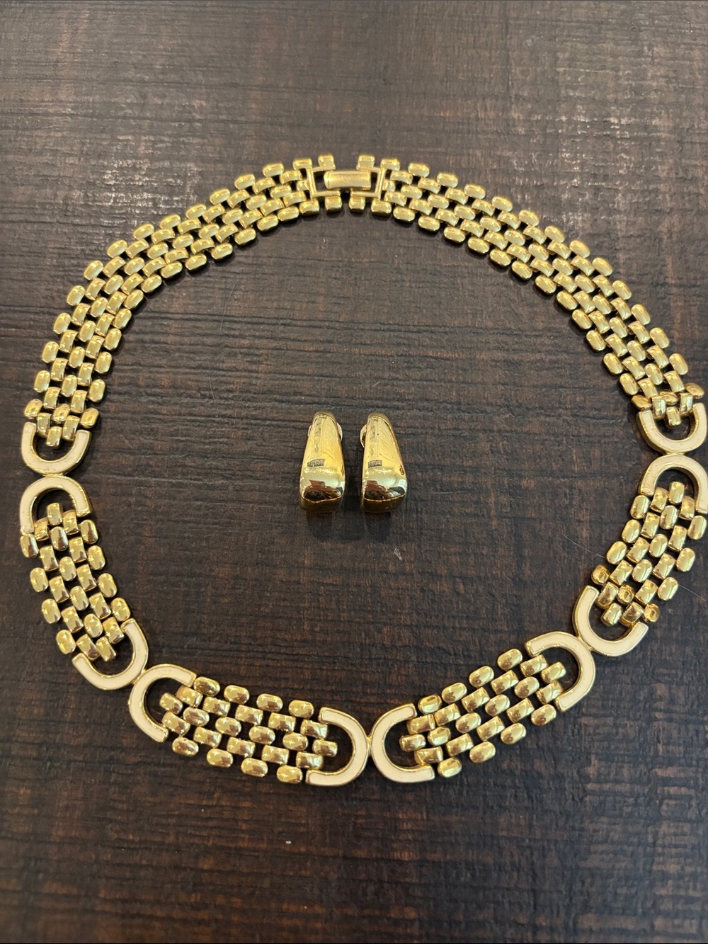 Vintage 1928 Cream Enamel Gold Collar Necklace & Clip Earring Set